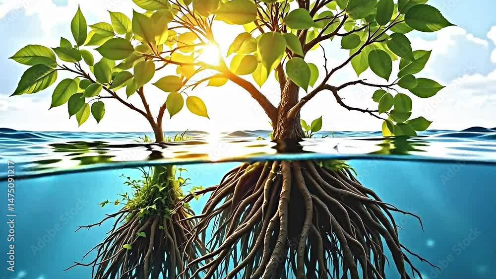 Poster serene underwater scene where two tree trunks emerge from water their roots spreading out like intri