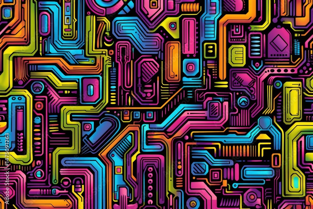 Poster a colorful abstract illustration of a futuristic electronic circuit board with neon lines and geomet