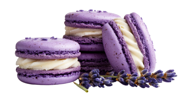 Lavender macaroons with cream filling on clear backdrop
