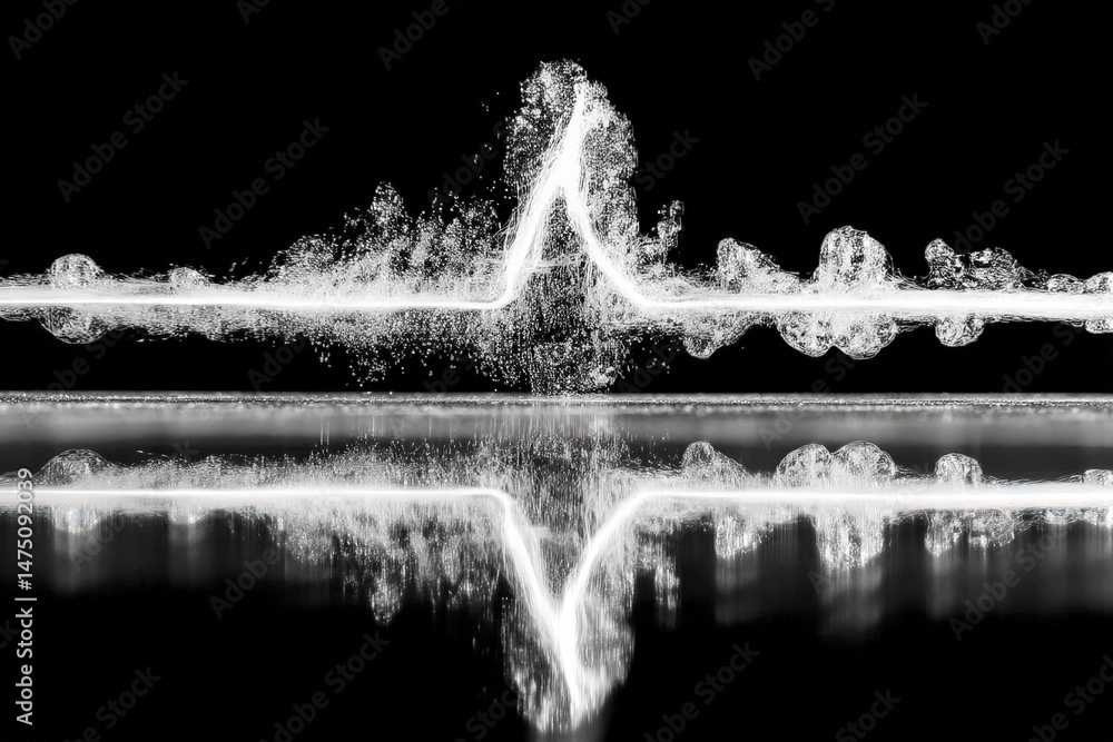 Poster a dynamic splash of water forms a wave-like pattern, perfectly reflected on a glossy surface against