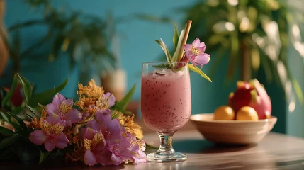 An exotic cocktail with dragon fruit and orchid garnish served in a vintage tiki glass, vibrant neon background...