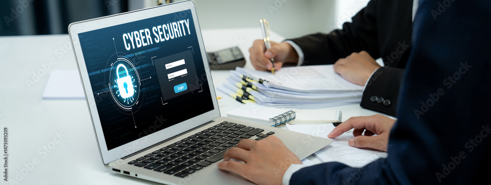 Poster cyber security system on computer screen protect private information brisk from hacker and cyber att