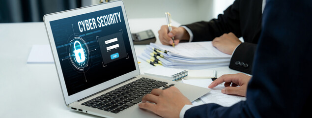 Cyber security system on computer screen protect private information brisk from hacker and cyber...