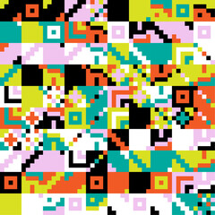 Vibrant geometric composition in pixel art style with a glitch aesthetic. Colorful abstract design made of squares, evoking digital noise and visual distortion.
