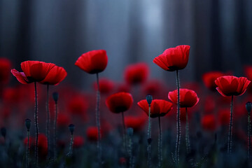 Obraz premium Red poppy field in soft focus under warm, late afternoon light