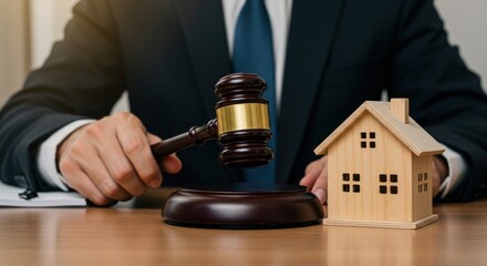 Person holding gavel next to small house model on wooden table.