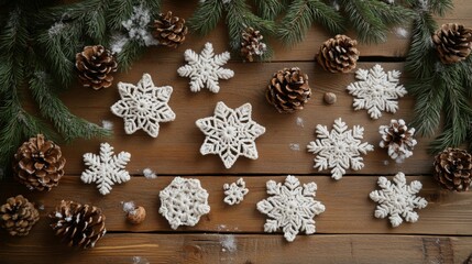 Fototapeta premium White Snowflakes and Pine Cones on Rustic Wooden Background