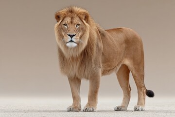 Obraz premium Majestic lion posing elegantly against a neutral backdrop in a wildlife sanctuary during daylight hours