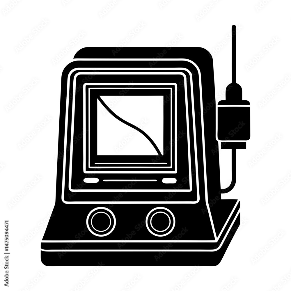 Poster illustration of a vintage oscilloscope with a screen displaying a descending curve and an attached p