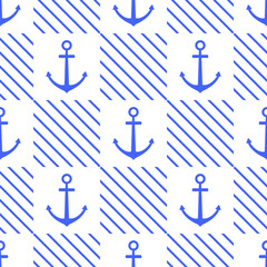 Marine checkered seamless pattern with an anchor. Seamless texture for print, textile, fabric