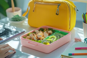 Healthy lunch in a pink bento box beside a laptop and yellow bag