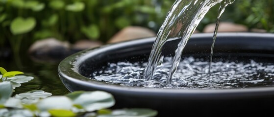 Water pours into a black bowl in a tranquil garden setting close up shot of water feature with green foliage and natural stones