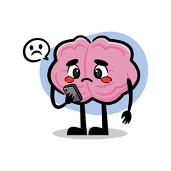 Sad Brain Character Looking at Smartphone Screen. Cute Brain Mascot Feeling Down and Emotional