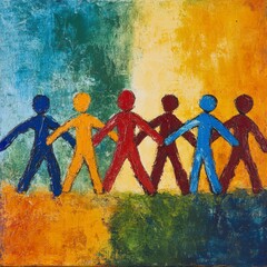 Colorful Abstract Painting of Diverse Figures Holding Hands in Unity