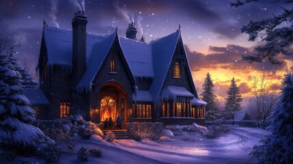 Cozy Winter Evening at a Snow-Covered Gothic House