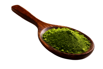 Green matcha powder in wooden spoon on transparent background