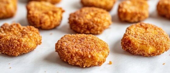 Close-up of Golden Fried Chicken Nuggets on White Parchment Paper, Studio Shot, Delicious Appetizer, Party Food, Ready to Eat