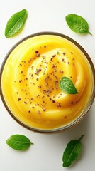 Creamy mango pudding with fresh mint leaves prepared in a glass bowl on a white surface