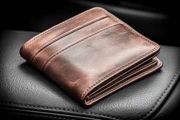 Soft leather wallet with essential cards and a banknote resting in a pocket, illuminated by low ambient light