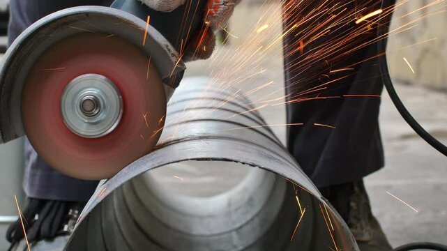 cutting a metal ventilation pipe with an angle grinder