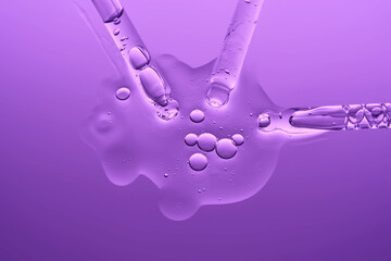 Demonstration of the texture of hyaluronic serum on a lilac background.
