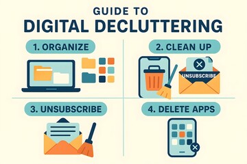 A guide to digital decluttering with steps: organize files, clean up inboxes, unsubscribe from emails, and delete apps. Concept Digital Decluttering Guide, Organize Files, Clean Up Inboxes