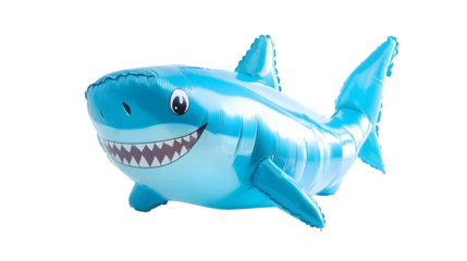 Blue inflatable shark toy with cartoon face and white teeth for pool and beach fun