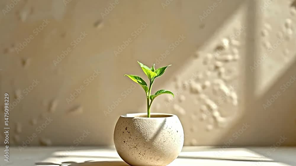 Aufkleber small round textured pot containing green plant two leaves. pot placed smooth white surface background consists of beige wall subtle irregular patterns. lighting creates soft shadows...
