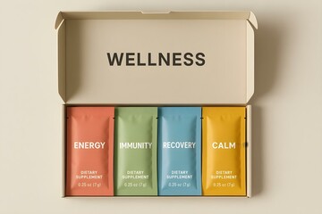 A box labeled WELLNESS containing four dietary supplement packets for Energy, Immunity, Recovery, and Calm. Concept Dietary Supplements, Energy Boost, Immunity Support, Recovery Aid
