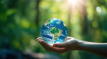 Closeup human hands holding blue sphere earth globe with nature green blur background. Generate AI