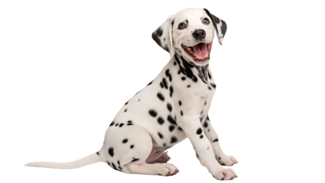happy dalmatian puppy sitting upright bright eyes open mouth black spots animated style friendly demeanor isolated on a transparent background 47026205 1 - Powered by Adobe