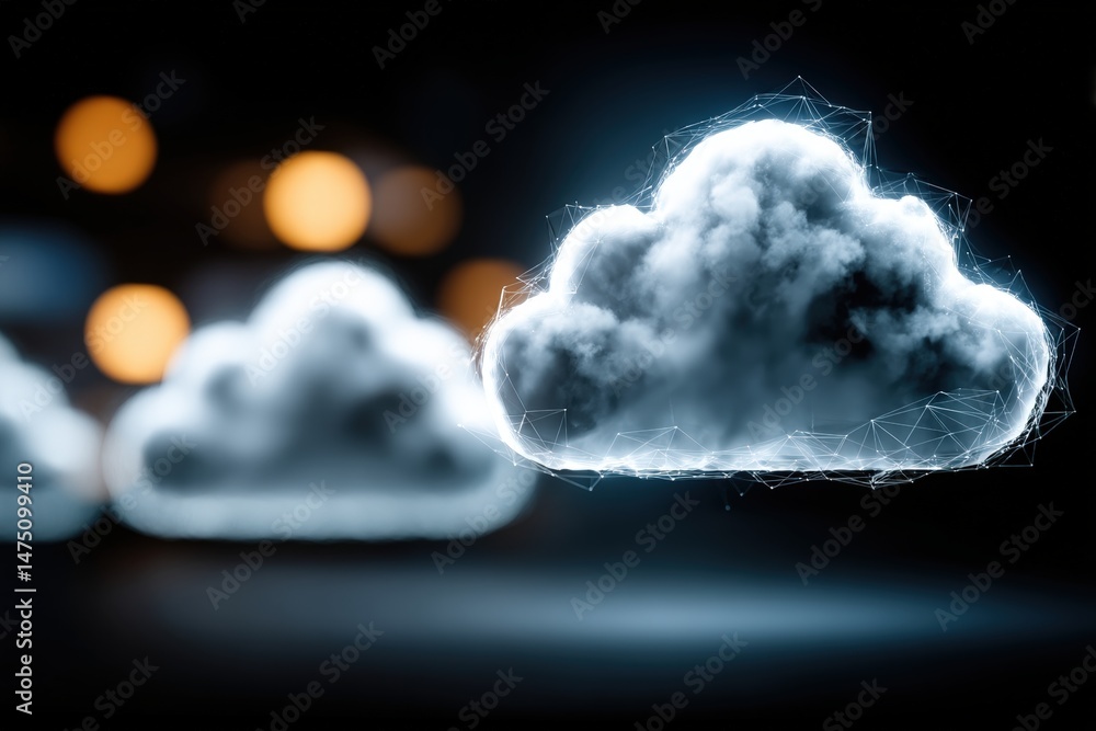 Poster a digital cloud floats in a dark space, surrounded by abstract light and network connections, symbol