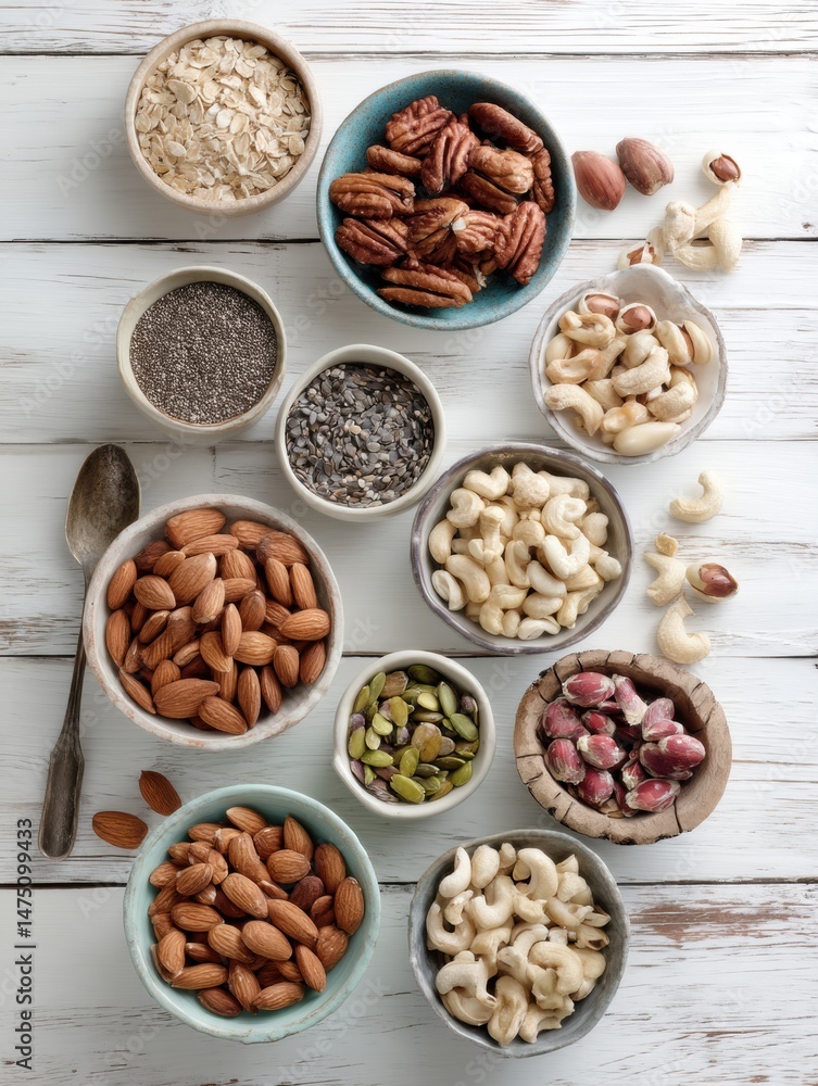 Poster brightly lit clean table arranged with assorted bowls of nuts and seeds in a natural setting ideal f