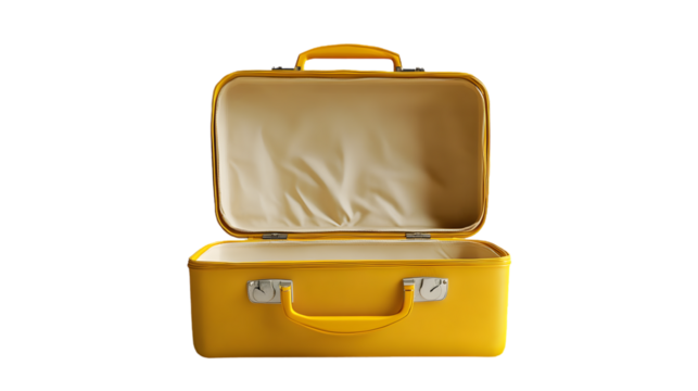 Open yellow suitcase with handle and metal locks on white background