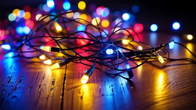 A tangled string of christmas lights on a wooden surface creating a festive atmosphere indoors