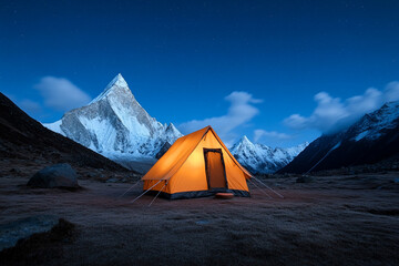 Night scene of a glowing tent under stars in a remote mountain area 