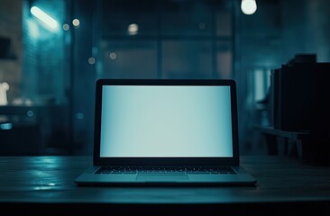 Fototapeta premium Laptop on a wooden table in a dimly lit room at night. Empty screen