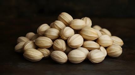 A pile of whole Makhana nuts, beige and slightly ribbed, arranged in a pile on a dark, smooth background.