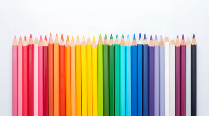 Vibrant Rainbow-Colored Pencils Arranged in Gradient Order on White Background.