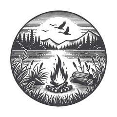 Vintage Hand-Drawn Lake View with Campfire Illustration – Nature Engraved Style Vector for T-Shirts, Posters, Stickers, and Outdoor Adventure Themes Apparel