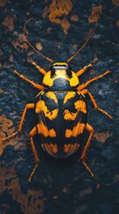 Detailed Close-Up of a Yellow and Black Beetle Resting on a Textured Surface Macro Insect Photography
