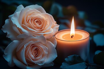 Close up of beautiful roses and burning candle with soft glowing light in dim atmosphere