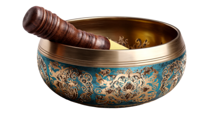 Decorative singing bowl with mallet on transparent background