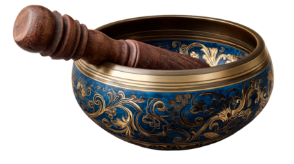 Decorative bowl with wooden pestle on a transparent background