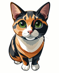 Fototapeta premium Adorable Calico Cat Portrait Green Eyes Sitting Pose Vector Illustration