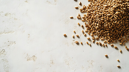 A pile of whole rye grains arranged on a clean, white surface, with a few grains spilling out, showcasing their organic nature and rustic charm.