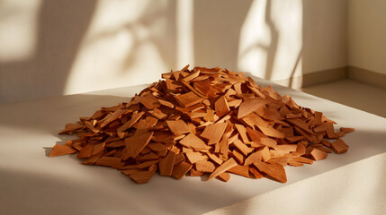 A pile of whole sandalwood chips in orange-brown hues, arranged in a natural formation on a white surface, showcasing their fragrance and texture.
