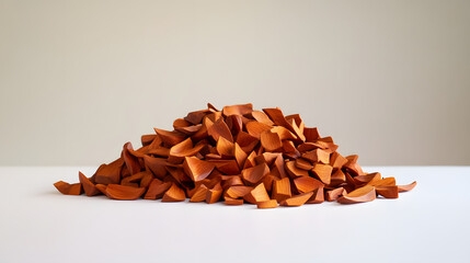 A pile of whole sandalwood chips in orange-brown hues, arranged in a natural formation on a white surface, showcasing their fragrance and texture.