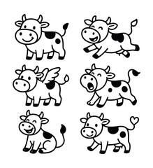 Fun cartoon cow icons set – silhouette, playful and whimsical bovine characters