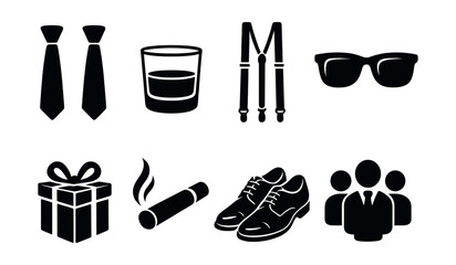Groomsmen essentials icons set – silhouette, wedding party, bachelor symbols